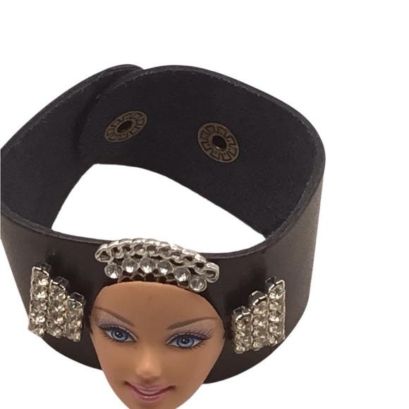 Upcycled Barbie Face Leather Cuff Bracelet Rhinestone Punk Y2K Statement - Picture 3 of 8